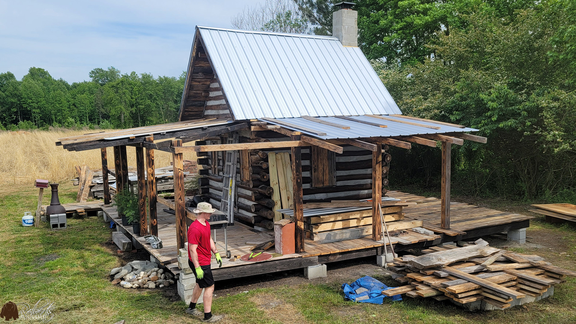 Off-grid tiny cabin build south porch update #33
