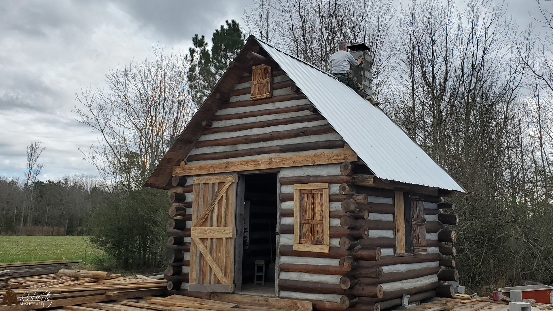 Finished chimney on off-grid cabin