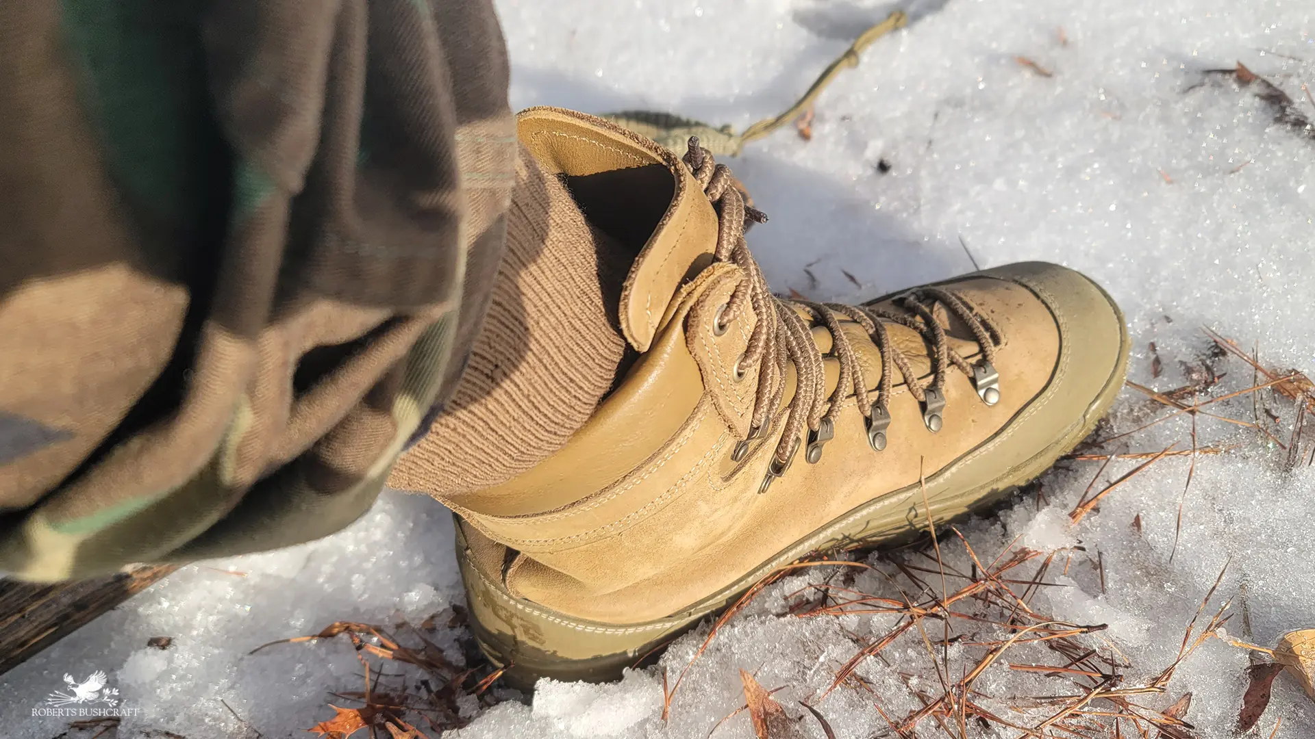 Farm to Feet Kodiak socks worn with Danner Mountain Combat Boots on a trail hike