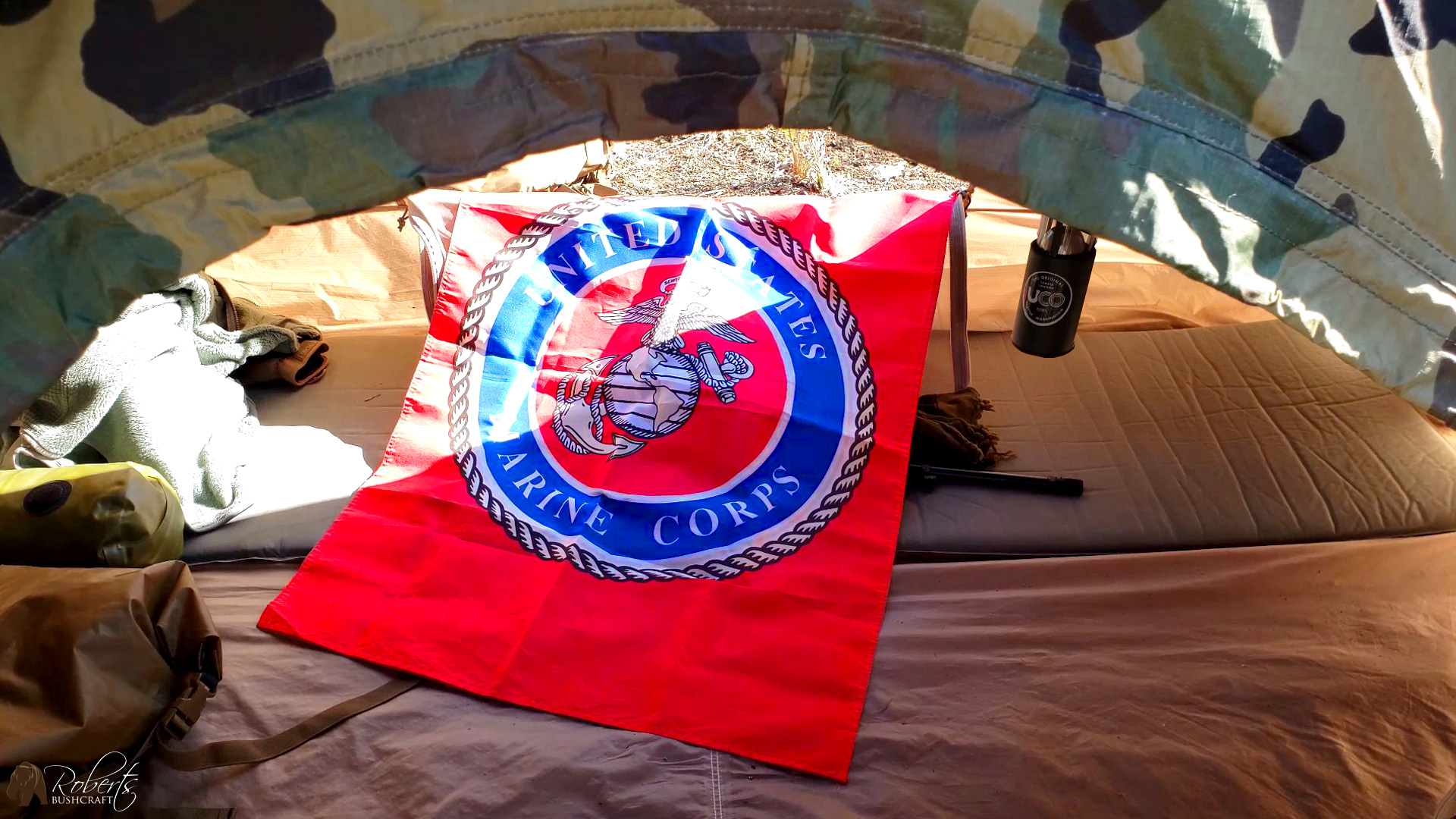 USMC flag inside of USMC 2 Man Combat Tent